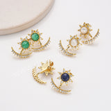 Gold Plated Bezel CZ Micro Pave Gemstone Faceted Crescent Star Stud Earrings, Birthstone Earrings, Healing Crystal Boho Jewelry ZG0515