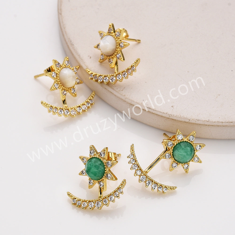 Gold Plated Bezel CZ Micro Pave Gemstone Faceted Crescent Star Stud Earrings, Birthstone Earrings, Healing Crystal Boho Jewelry ZG0515