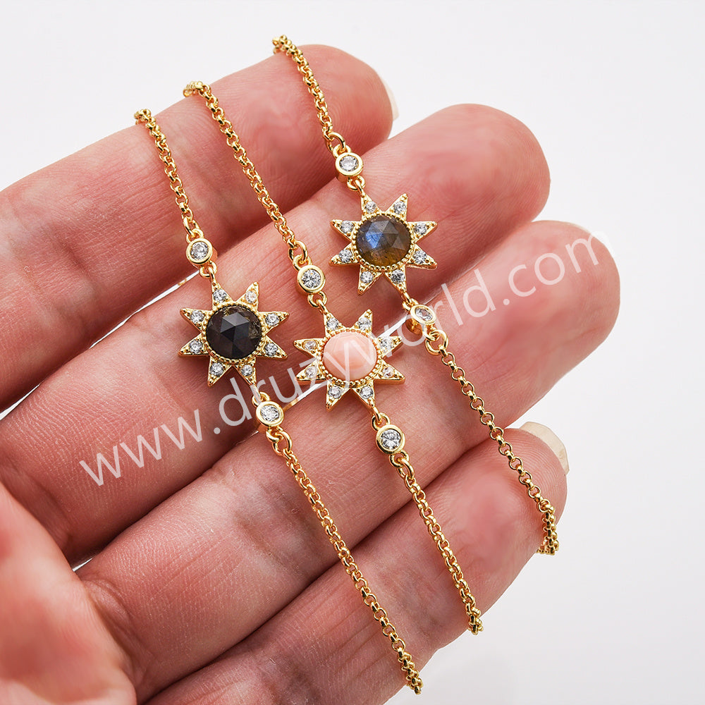 Gold Plated Bezel Star CZ Micro Pave Natural Crystal Stone Faceted Bracelet, Birthstone Bracelet, Lady Fashion Jewelry ZG0517