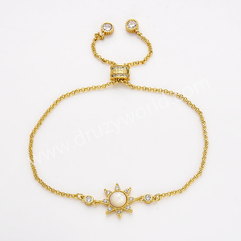 Gold Plated Bezel Star CZ Micro Pave Natural Crystal Stone Faceted Bracelet, Birthstone Bracelet, Lady Fashion Jewelry ZG0517