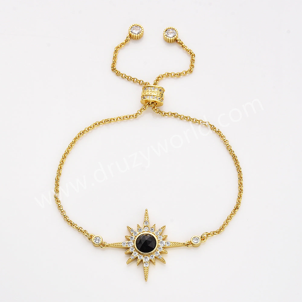 Gold Plated Bezel Natural Stone Faceted Adjustable Bracelet CZ Star Bracelet, Gemstone Women Fashion Jewelry ZG0518