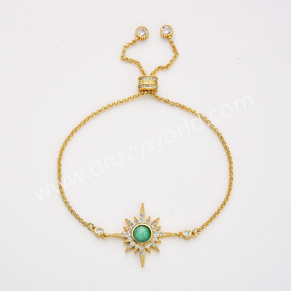 Gold Plated Bezel Natural Stone Faceted Adjustable Bracelet CZ Star Bracelet, Gemstone Women Fashion Jewelry ZG0518