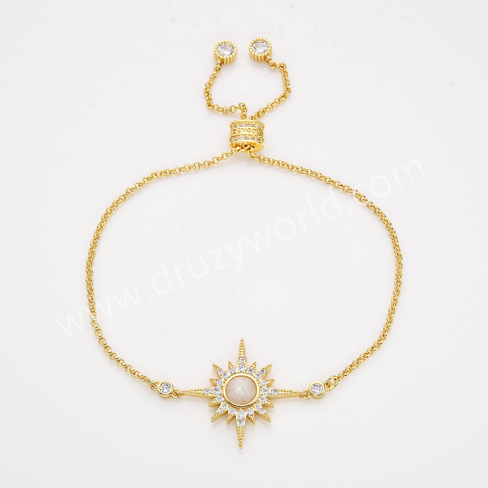 Gold Plated Bezel Natural Stone Faceted Adjustable Bracelet CZ Star Bracelet, Gemstone Women Fashion Jewelry ZG0518