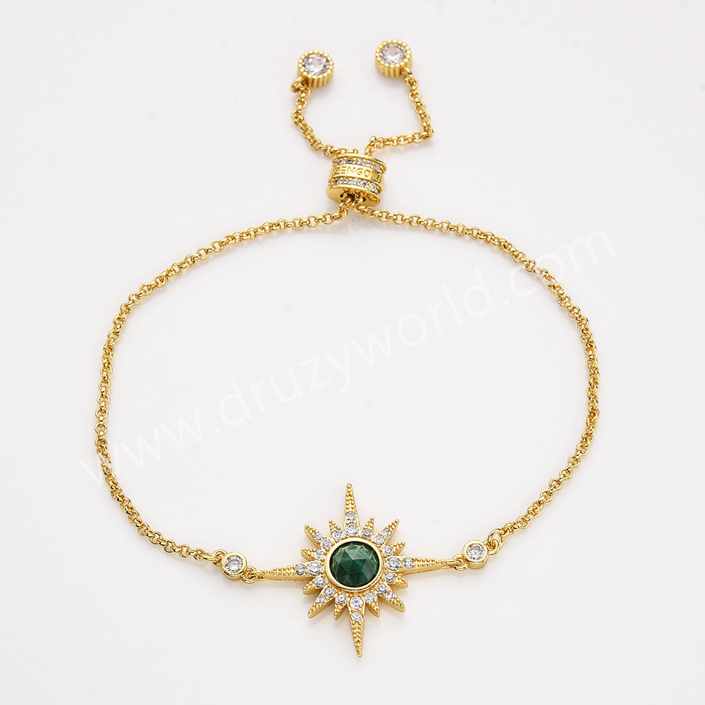 Gold Plated Bezel Natural Stone Faceted Adjustable Bracelet CZ Star Bracelet, Gemstone Women Fashion Jewelry ZG0518