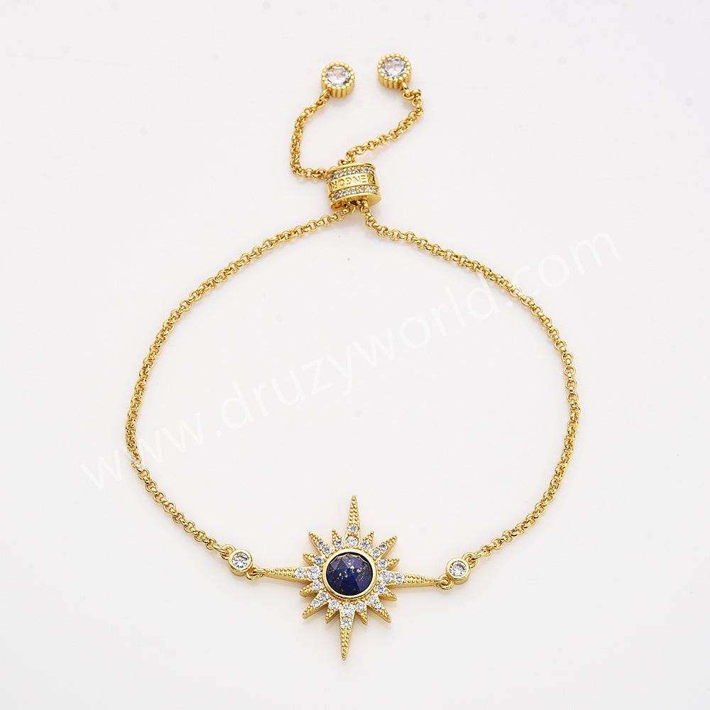 Gold Plated Bezel Natural Stone Faceted Adjustable Bracelet CZ Star Bracelet, Gemstone Women Fashion Jewelry ZG0518