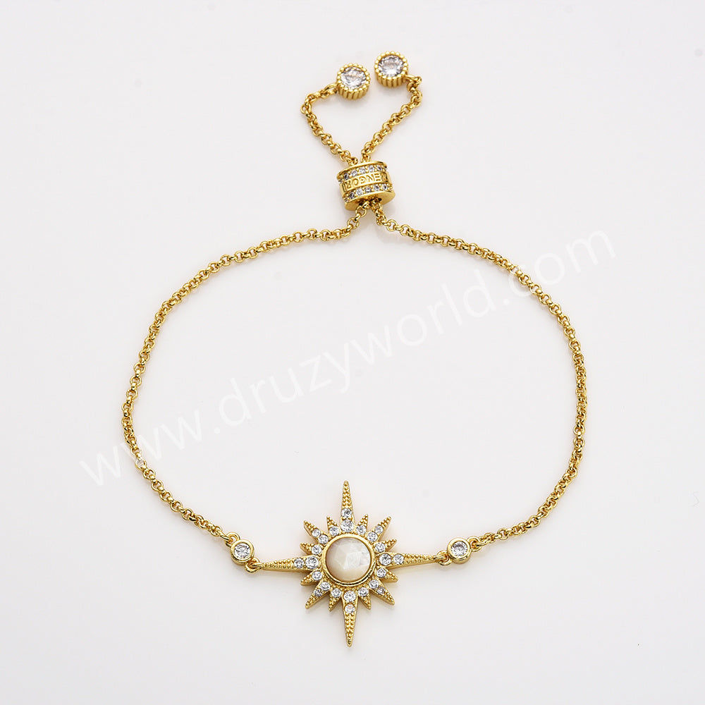 Gold Plated Bezel Natural Stone Faceted Adjustable Bracelet CZ Star Bracelet, Gemstone Women Fashion Jewelry ZG0518