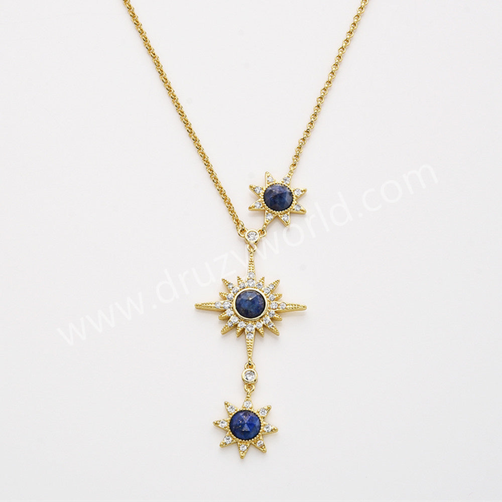 Three Gemstone Faceted Star Adjustable Necklace in Gold Plated, CZ Micro Pave, Boho Women's Jewelry ZG0520