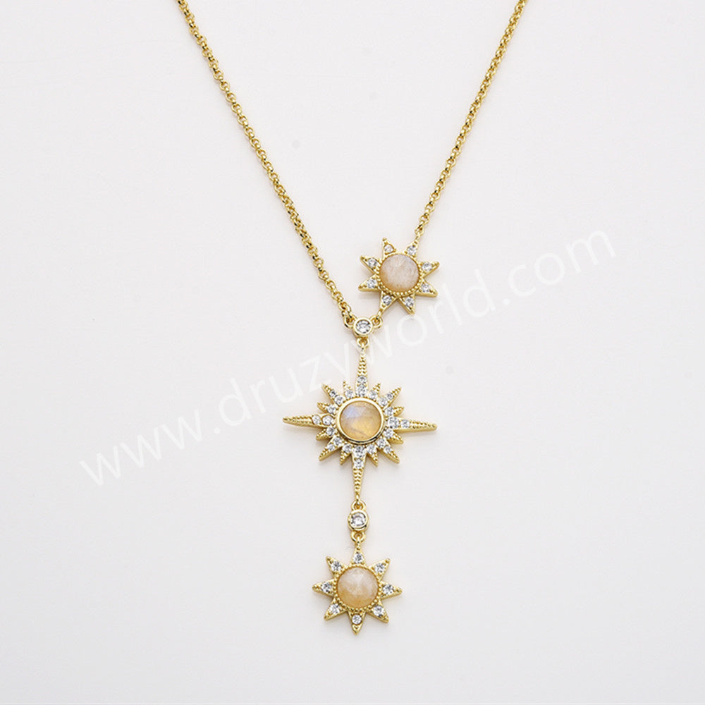 Three Gemstone Faceted Star Adjustable Necklace in Gold Plated, CZ Micro Pave, Boho Women's Jewelry ZG0520