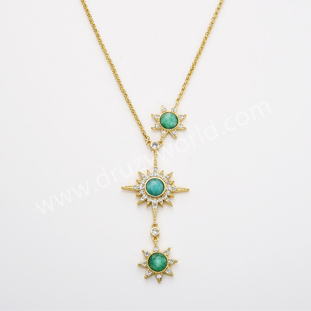 Three Gemstone Faceted Star Adjustable Necklace in Gold Plated, CZ Micro Pave, Boho Women's Jewelry ZG0520