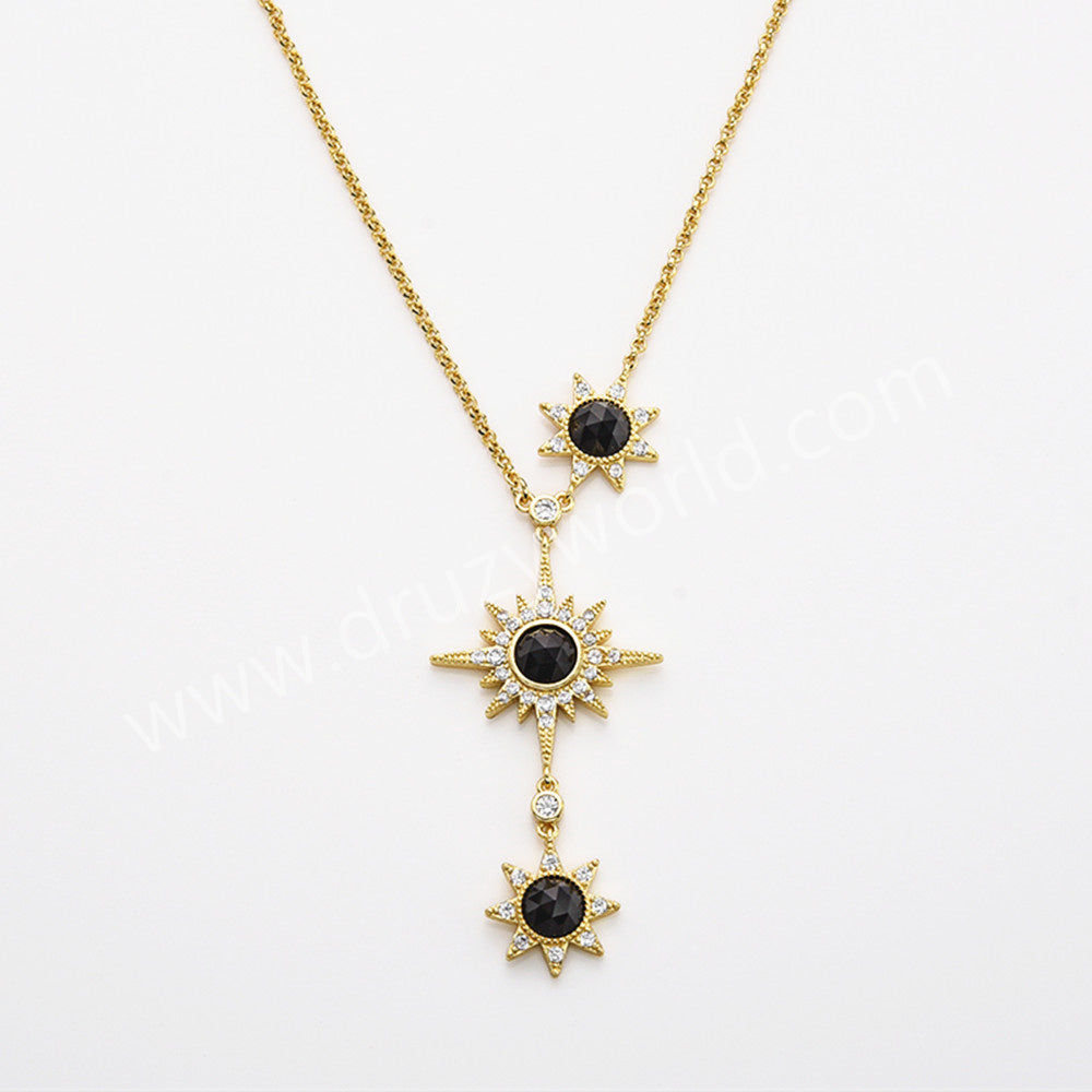 Three Gemstone Faceted Star Adjustable Necklace in Gold Plated, CZ Micro Pave, Boho Women's Jewelry ZG0520