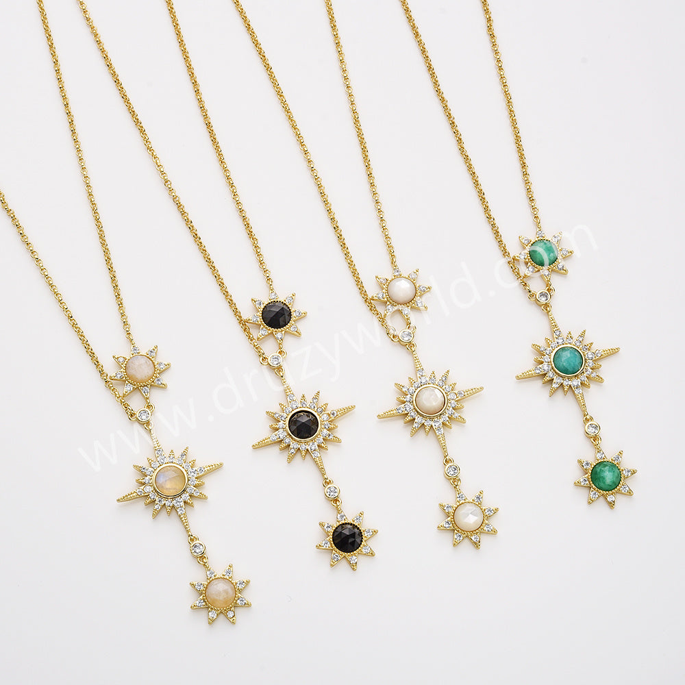 Three Gemstone Faceted Star Adjustable Necklace in Gold Plated, CZ Micro Pave, Boho Women's Jewelry ZG0520