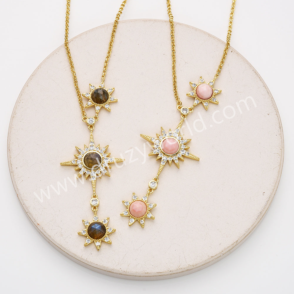 Three Gemstone Faceted Star Adjustable Necklace in Gold Plated, CZ Micro Pave, Boho Women's Jewelry ZG0520