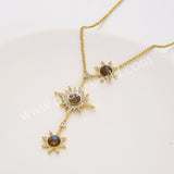 Three Gemstone Faceted Star Adjustable Necklace in Gold Plated, CZ Micro Pave, Boho Women's Jewelry ZG0520