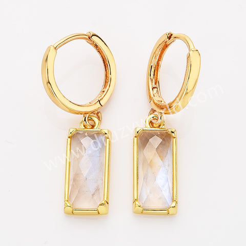 Gold Plated Bezel Rectangle Natural Moonstone Faceted Hoop Earrings, Moon Stone Jewelry ZG0522