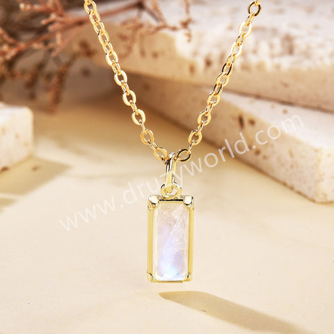 16" Rectangle Gold Plated Bezel Natural Moon Stone Faceted Pendant Necklace, Healing Crystal Jewelry ZG0523