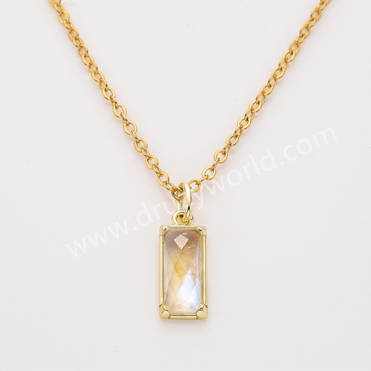 16" Rectangle Gold Plated Bezel Natural Moon Stone Faceted Pendant Necklace, Healing Crystal Jewelry ZG0523