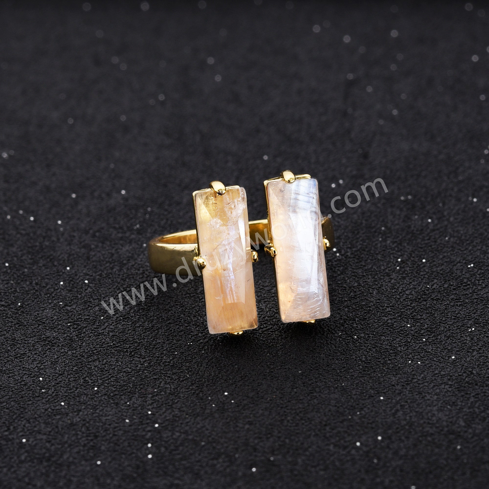 Gold Claw Double Rectangle Natural Moonstone Faceted Adjustable Open Ring, Healing Crystal Boho Jewelry Ring ZG0524