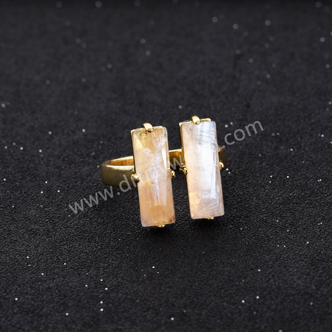 Gold Claw Double Rectangle Natural Moonstone Faceted Adjustable Open Ring, Healing Crystal Boho Jewelry Ring ZG0524