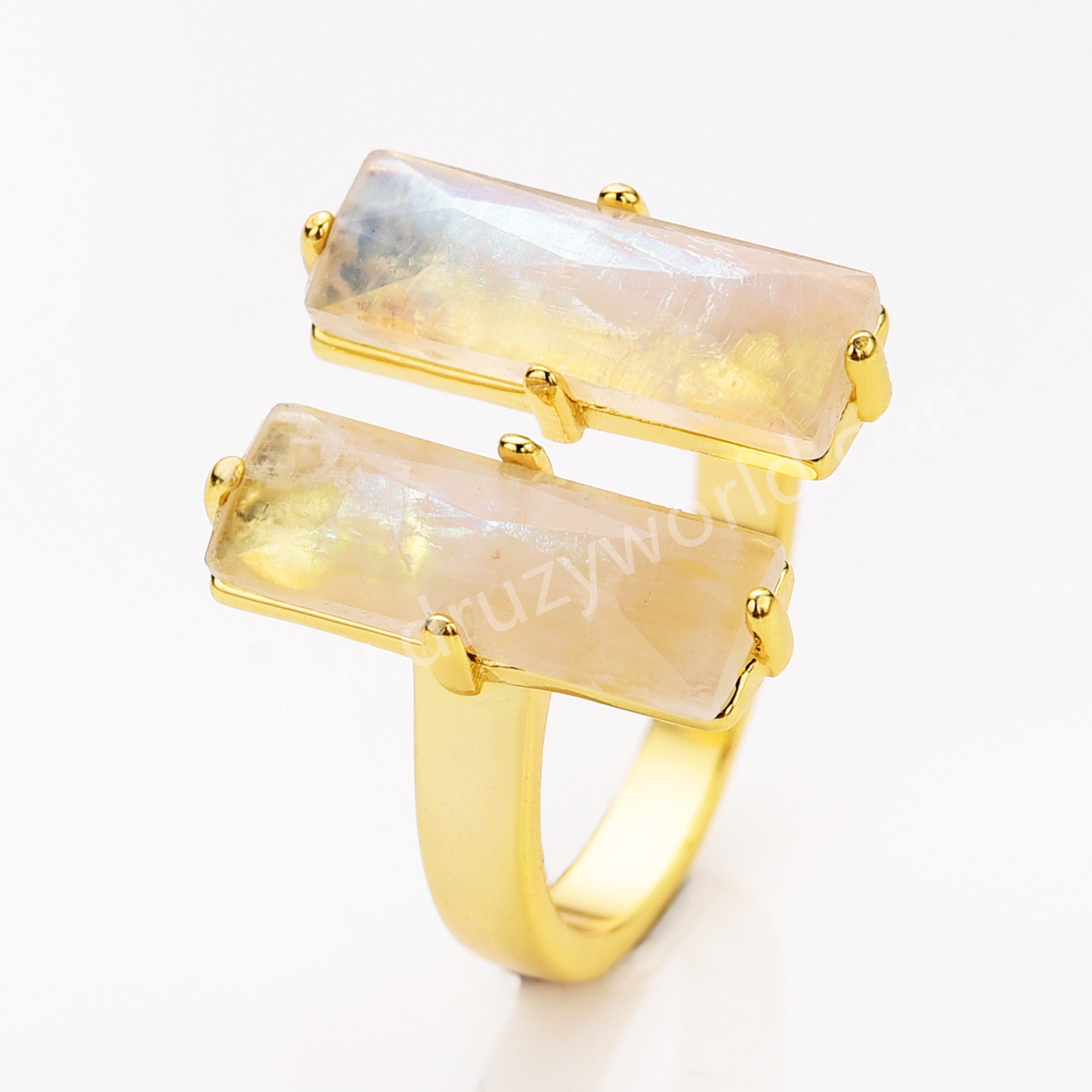 Gold Claw Double Rectangle Natural Moonstone Faceted Adjustable Open Ring, Healing Crystal Boho Jewelry Ring ZG0524