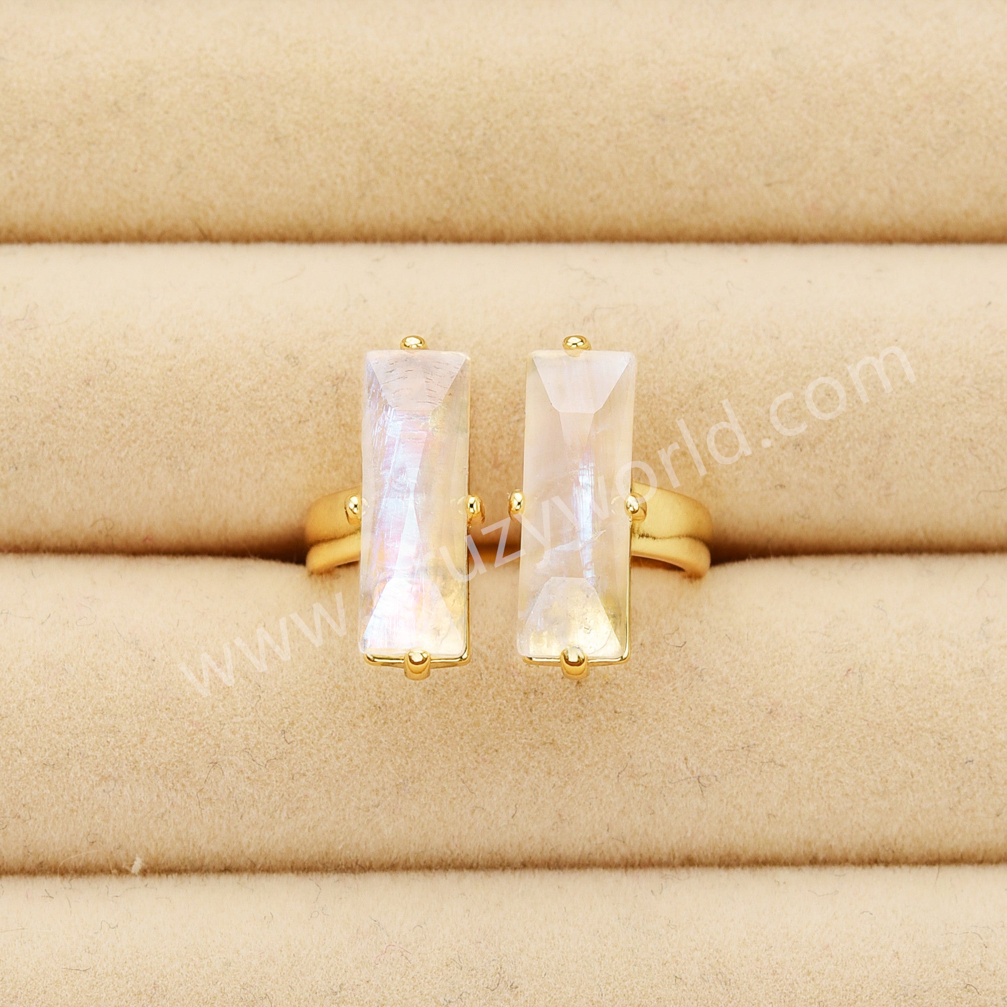 Gold Claw Double Rectangle Natural Moonstone Faceted Adjustable Open Ring, Healing Crystal Boho Jewelry Ring ZG0524