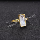 Gold Bezel Rectangle Natural Moonstone Faceted Statement Ring, June Birthstone Crystal Jewelry Ring ZG0525