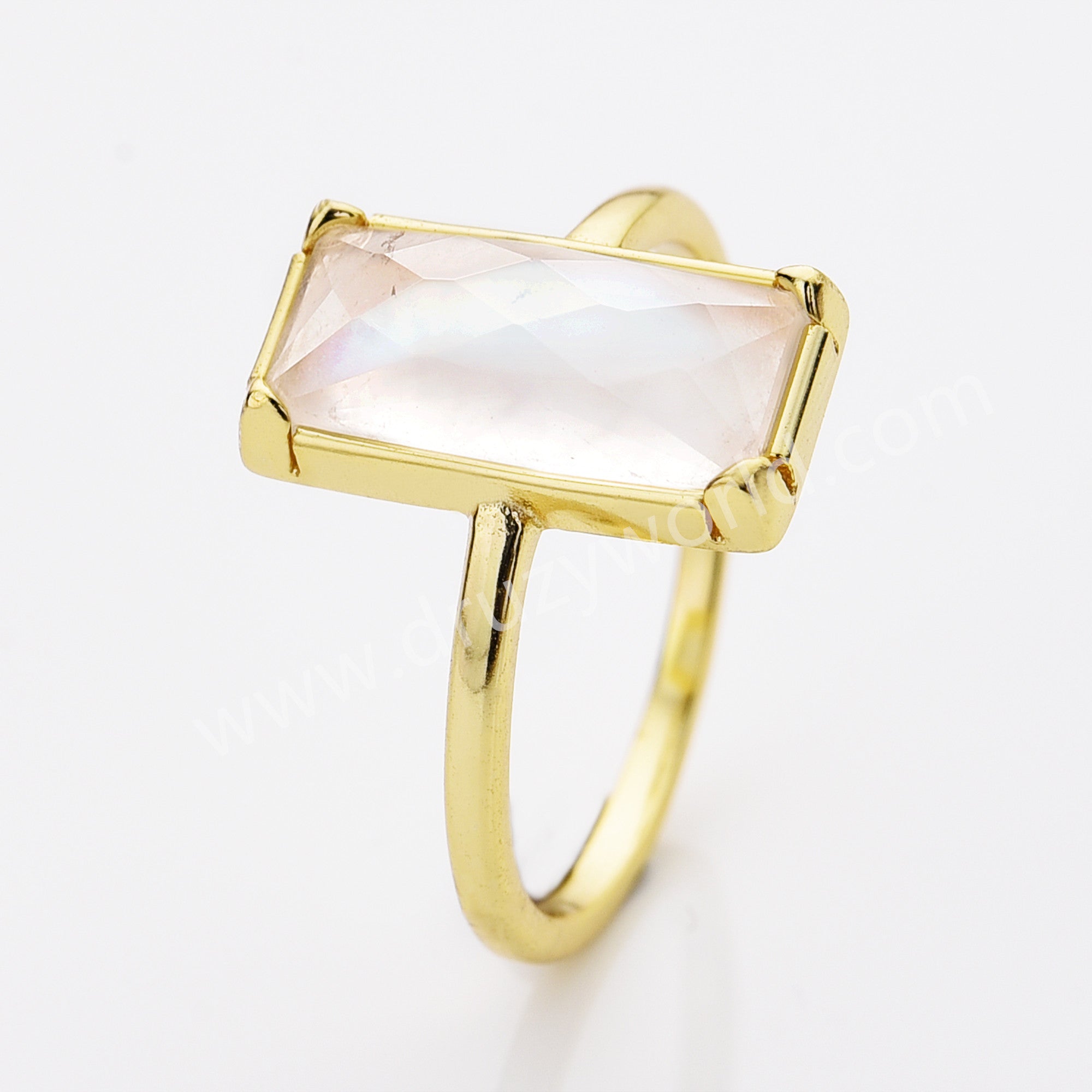 Gold Bezel Rectangle Natural Moonstone Faceted Statement Ring, June Birthstone Crystal Jewelry Ring ZG0525