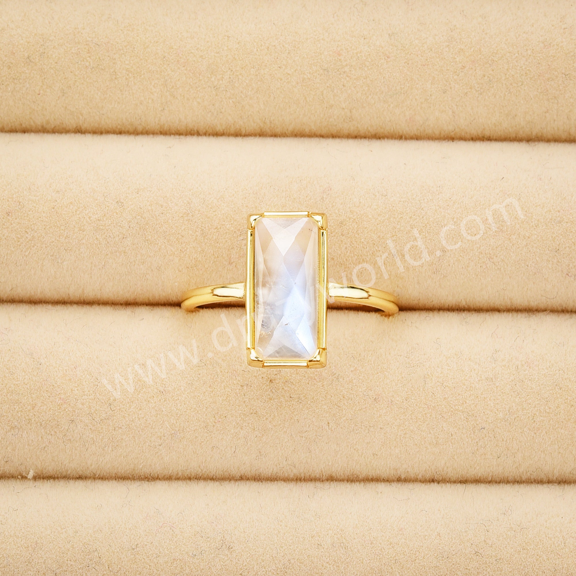 Gold Bezel Rectangle Natural Moonstone Faceted Statement Ring, June Birthstone Crystal Jewelry Ring ZG0525