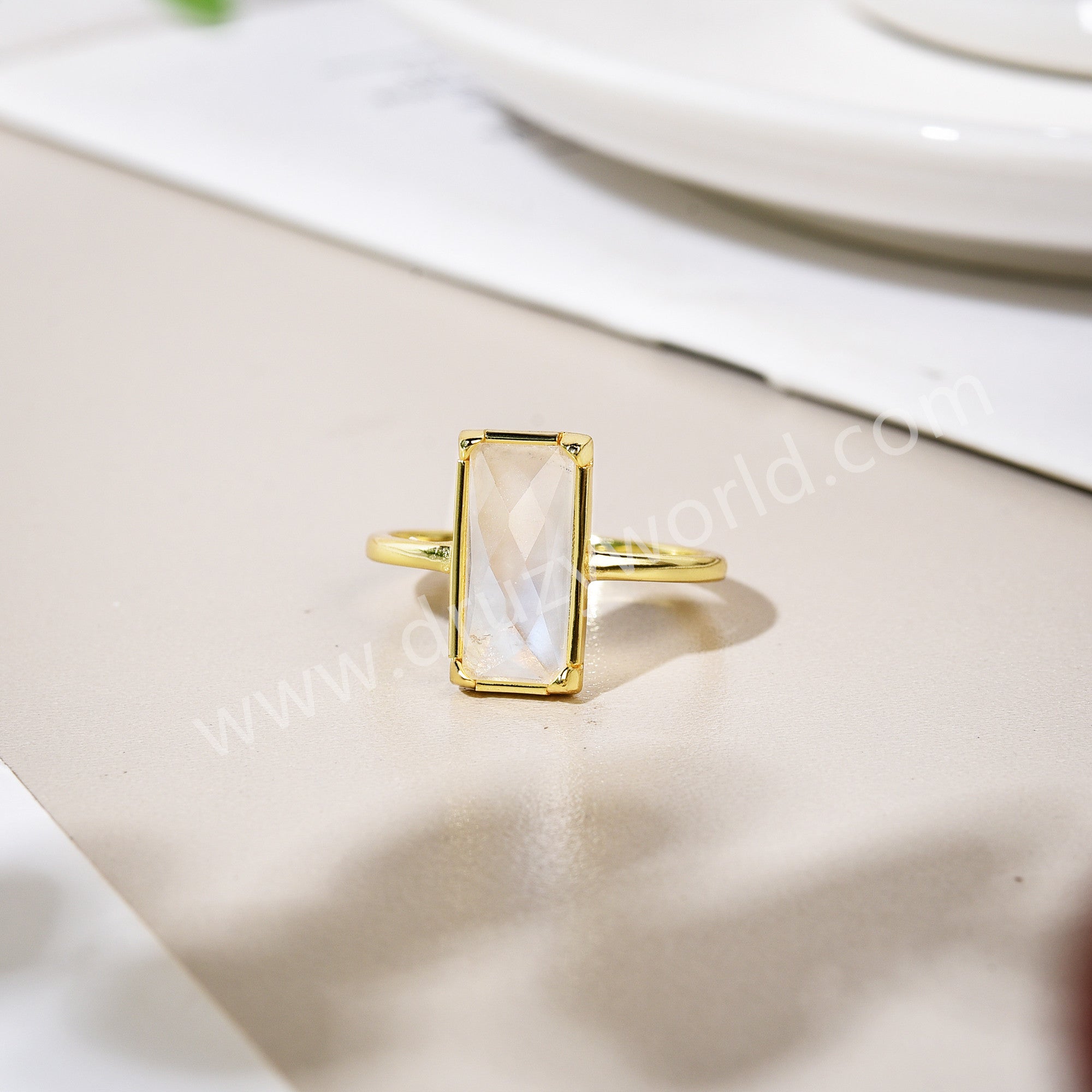 Gold Bezel Rectangle Natural Moonstone Faceted Statement Ring, June Birthstone Crystal Jewelry Ring ZG0525