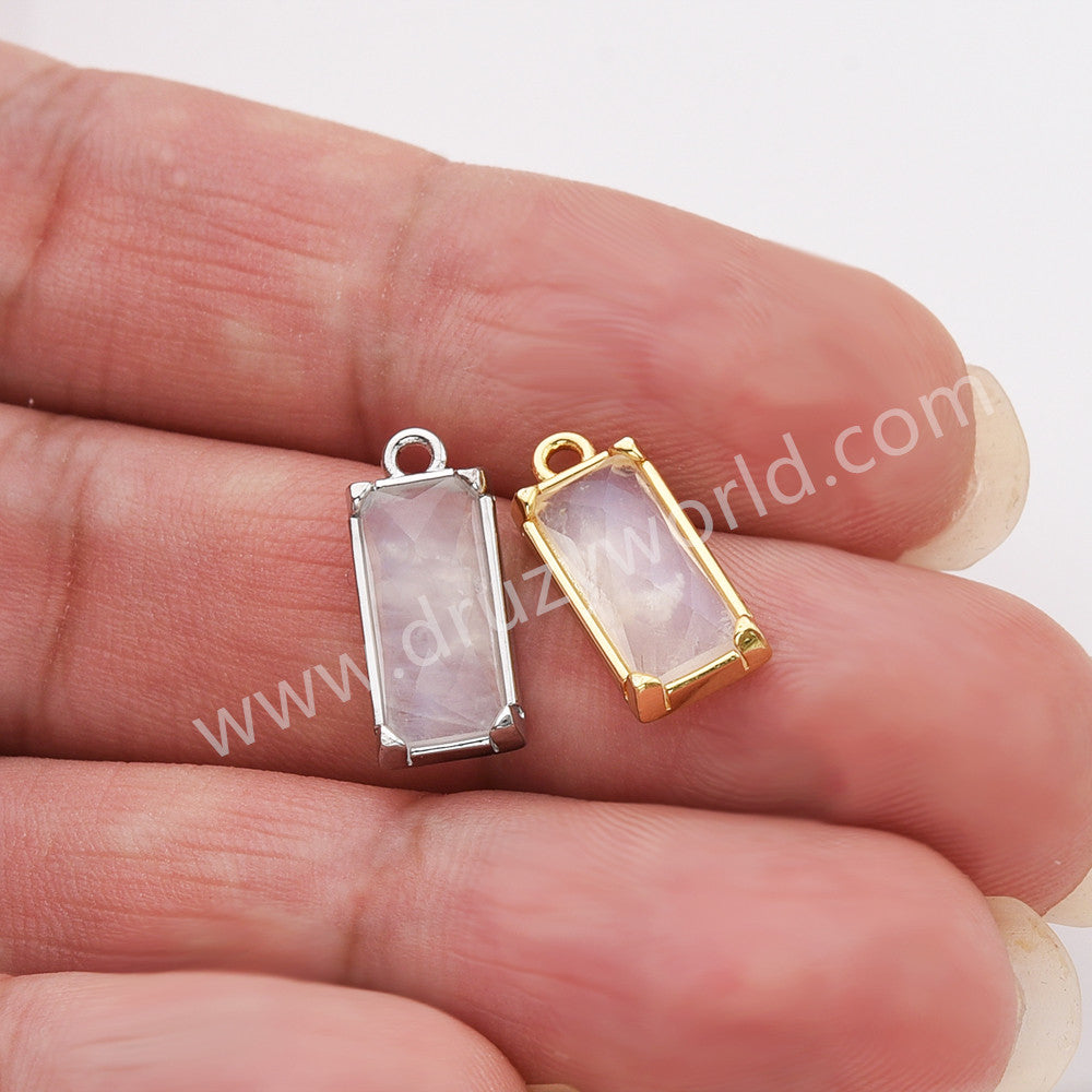 Gold Plated Bezel Rectangle Natural Moonstone Crystal Faceted Charm, For Jewelry Making ZG0526