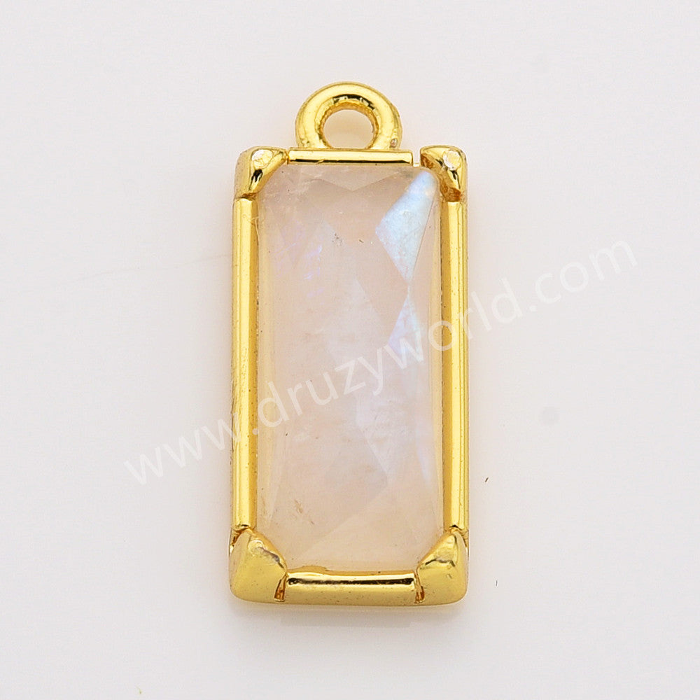 Gold Plated Bezel Rectangle Natural Moonstone Crystal Faceted Charm, For Jewelry Making ZG0526