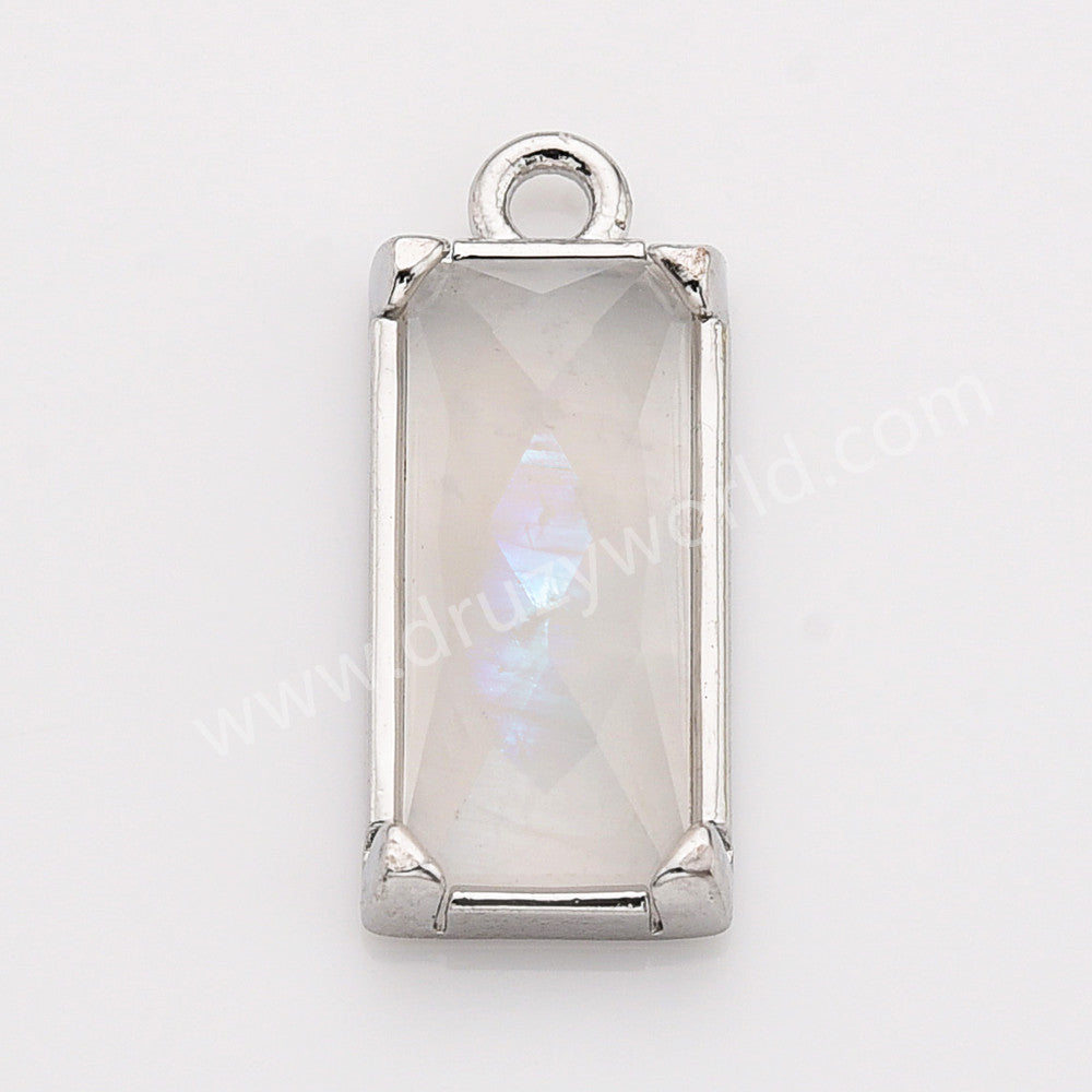 Gold Plated Bezel Rectangle Natural Moonstone Crystal Faceted Charm, For Jewelry Making ZG0526