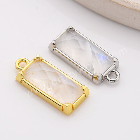 Gold Plated Bezel Rectangle Natural Moonstone Crystal Faceted Charm, For Jewelry Making ZG0526