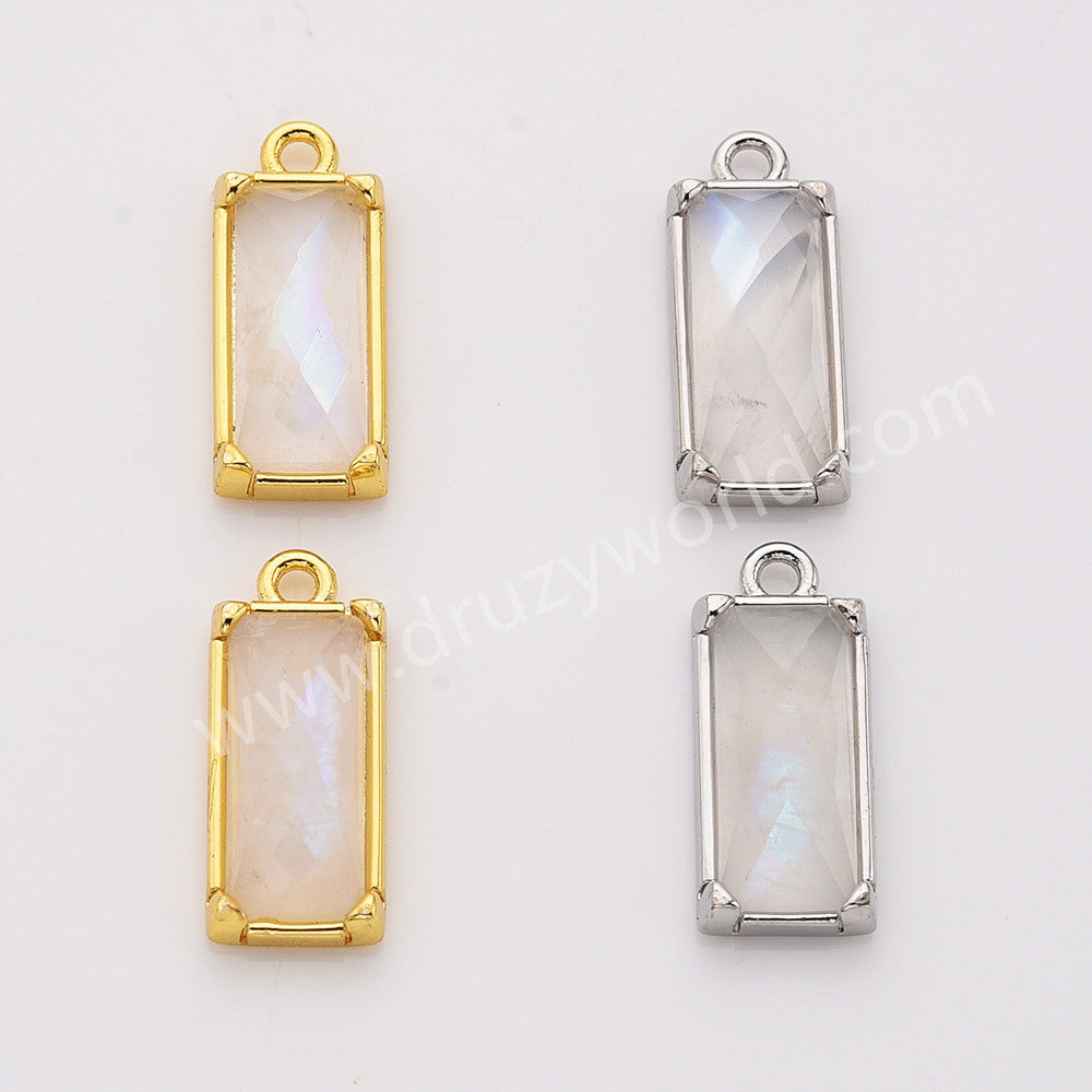 Gold Plated Bezel Rectangle Natural Moonstone Crystal Faceted Charm, For Jewelry Making ZG0526