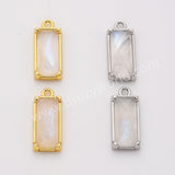 Gold Plated Bezel Rectangle Natural Moonstone Crystal Faceted Charm, For Jewelry Making ZG0526