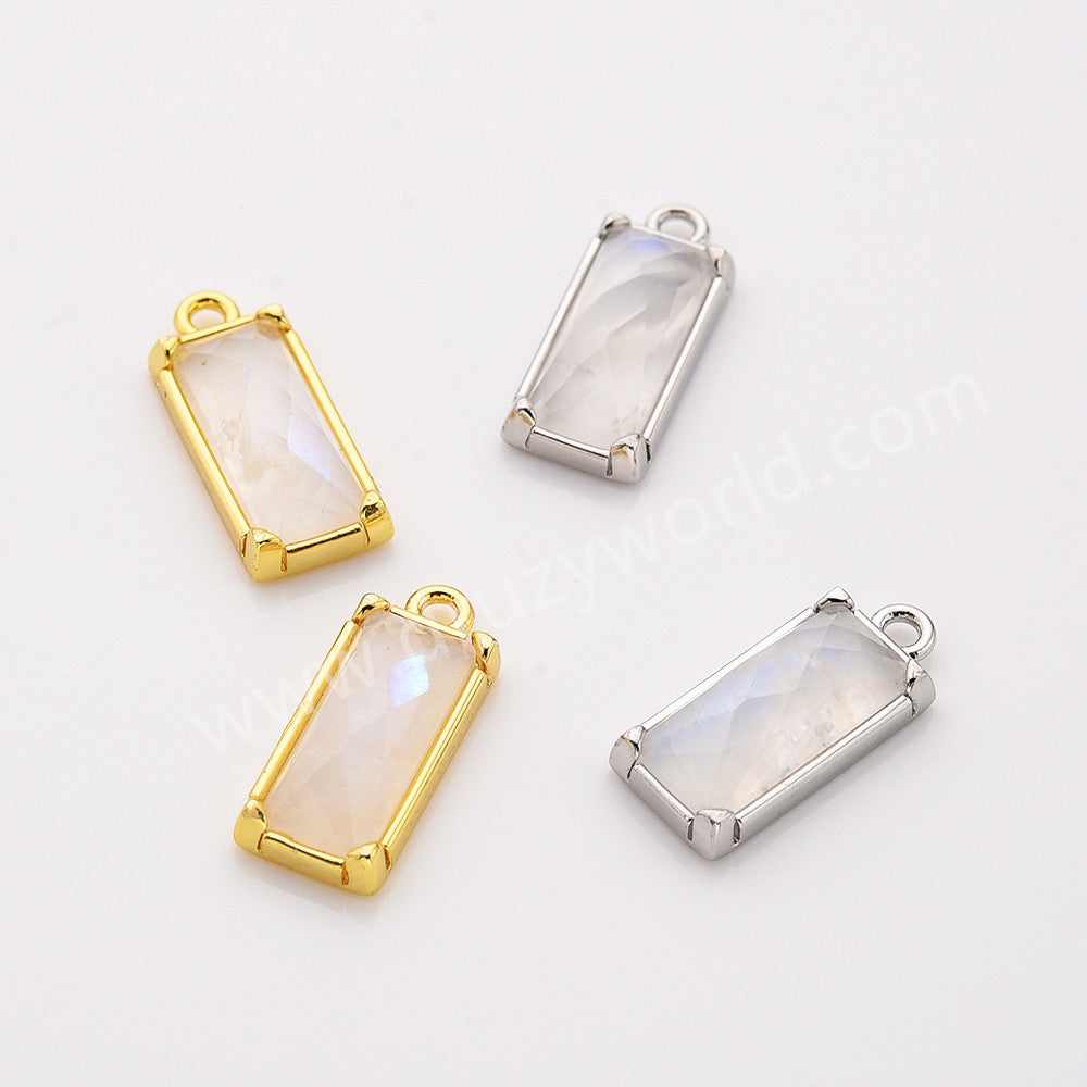 Gold Plated Bezel Rectangle Natural Moonstone Crystal Faceted Charm, For Jewelry Making ZG0526