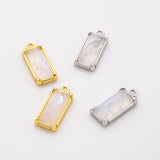 Gold Plated Bezel Rectangle Natural Moonstone Crystal Faceted Charm, For Jewelry Making ZG0526