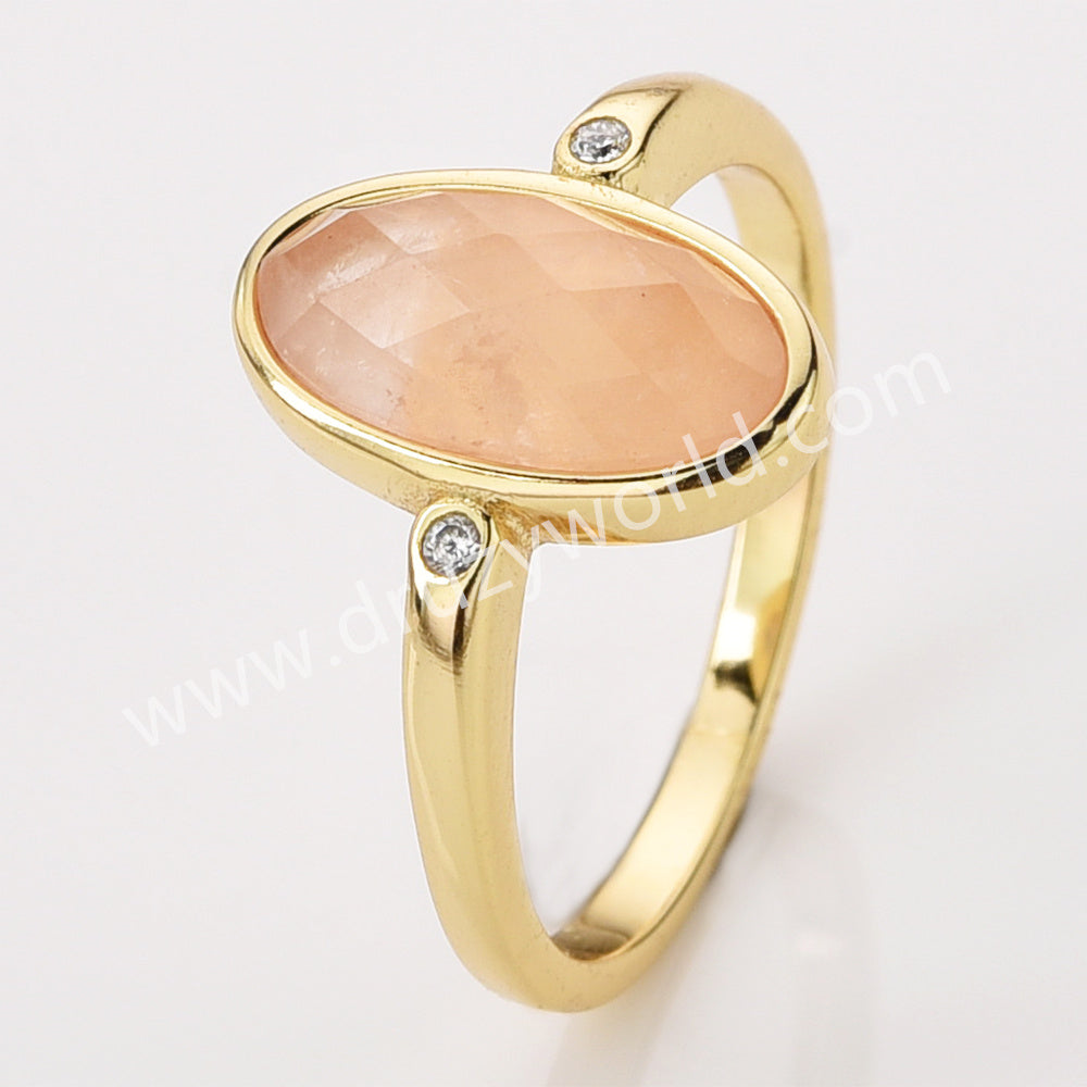 Gold Plated Oval Sunstone Ring, Mult Gemstone Faceted CZ Ring ZG0527