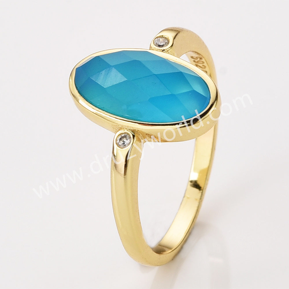 Gold Plated Oval Sunstone Ring, Mult Gemstone Faceted CZ Ring ZG0527