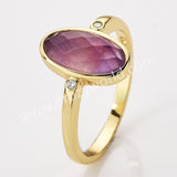 Gold Plated Oval Sunstone Ring, Mult Gemstone Faceted CZ Ring ZG0527