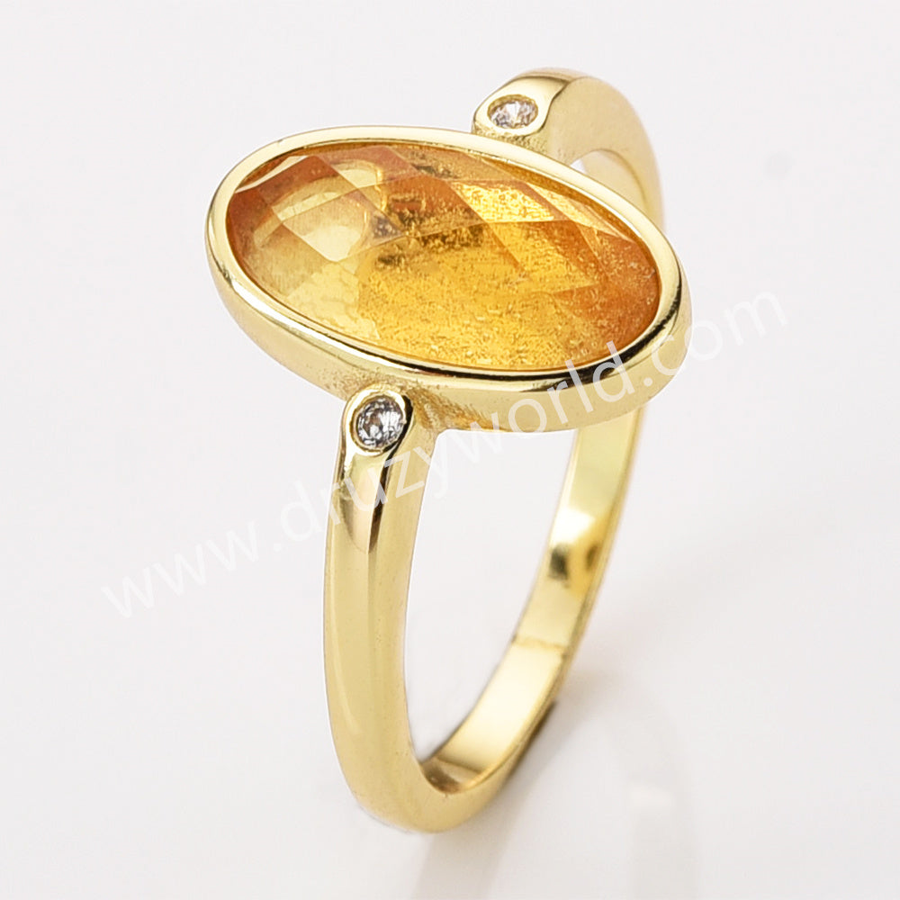 Gold Plated Oval Sunstone Ring, Mult Gemstone Faceted CZ Ring ZG0527