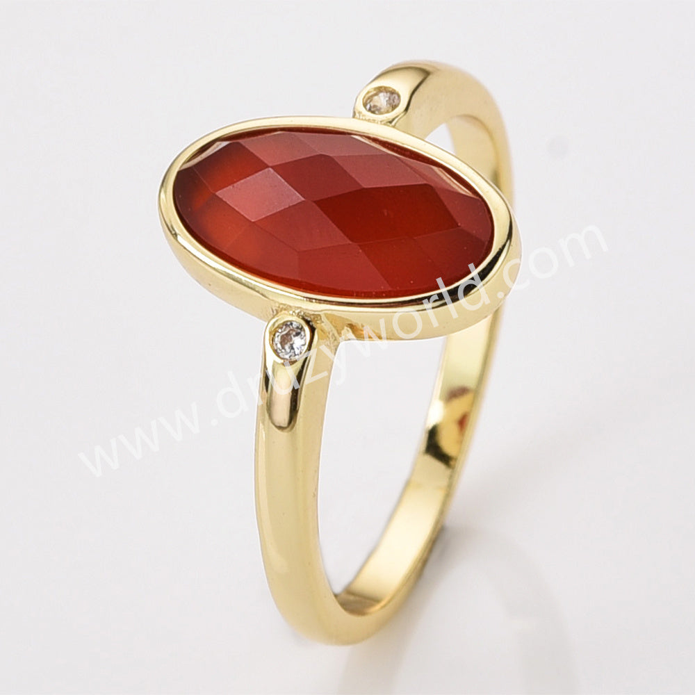 Gold Plated Oval Sunstone Ring, Mult Gemstone Faceted CZ Ring ZG0527