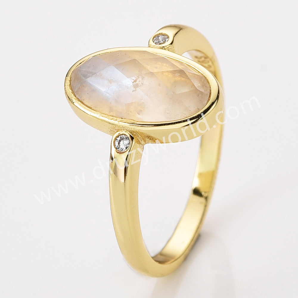 Gold Plated Oval Sunstone Ring, Mult Gemstone Faceted CZ Ring ZG0527