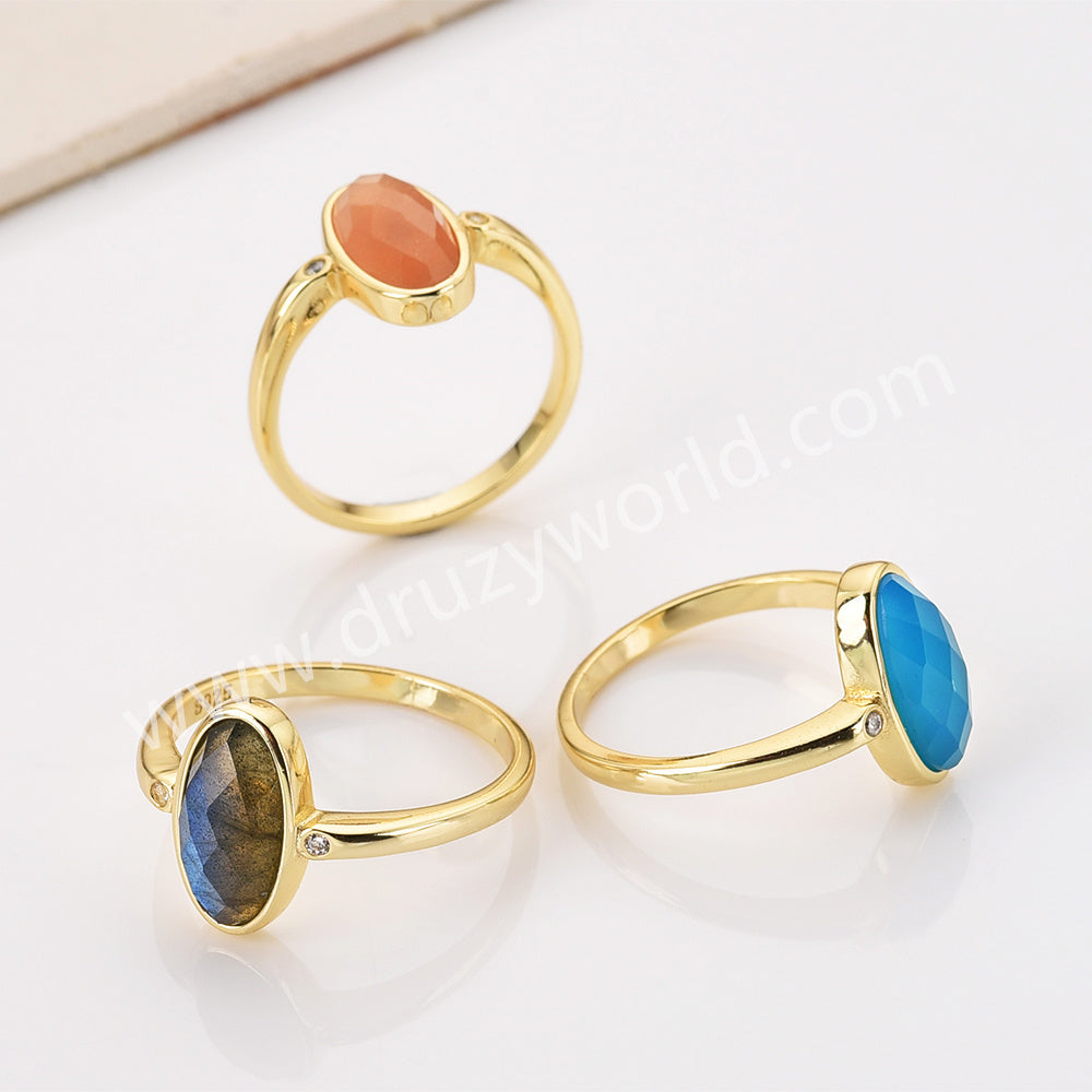 Gold Plated Oval Sunstone Ring, Mult Gemstone Faceted CZ Ring ZG0527