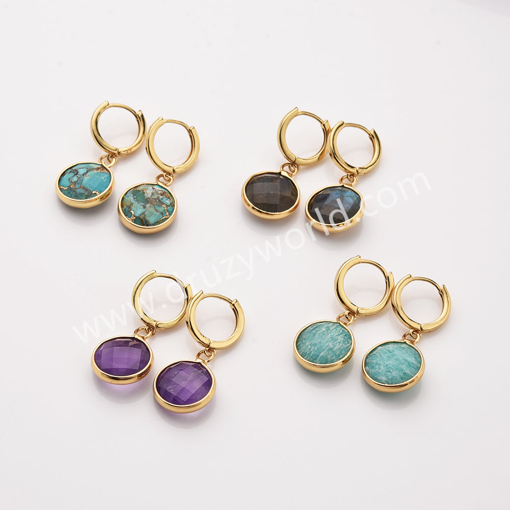 Gold Circle Round Natural Stone Faceted Hoop Earrings, Turquoise Gemstone Jewelry Earring ZG0529-1