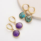 Gold Circle Round Natural Stone Faceted Hoop Earrings, Turquoise Gemstone Jewelry Earring ZG0529-1