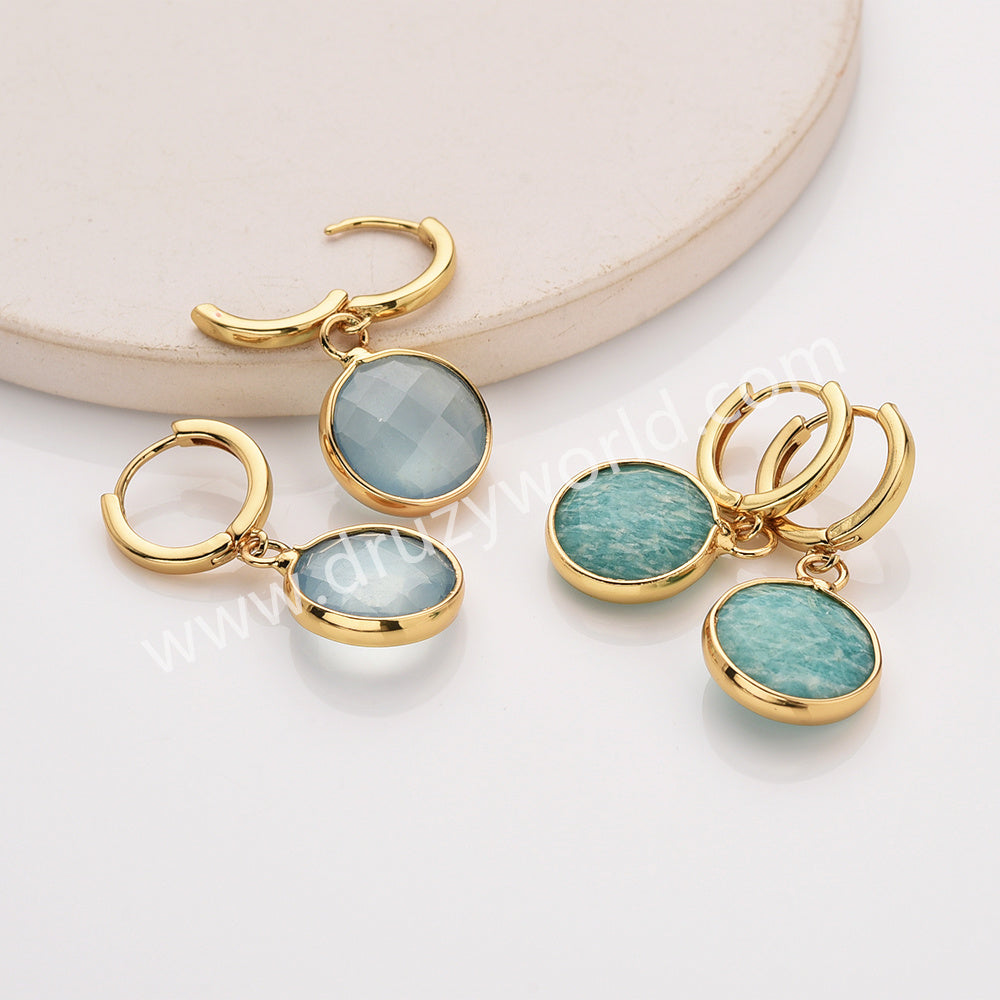 Gold Circle Round Natural Stone Faceted Hoop Earrings, Turquoise Gemstone Jewelry Earring ZG0529-1