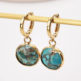 Gold Circle Round Natural Stone Faceted Hoop Earrings, Turquoise Gemstone Jewelry Earring ZG0529-1