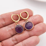 Gold Circle Round Natural Stone Faceted Hoop Earrings, Turquoise Gemstone Jewelry Earring ZG0529-1