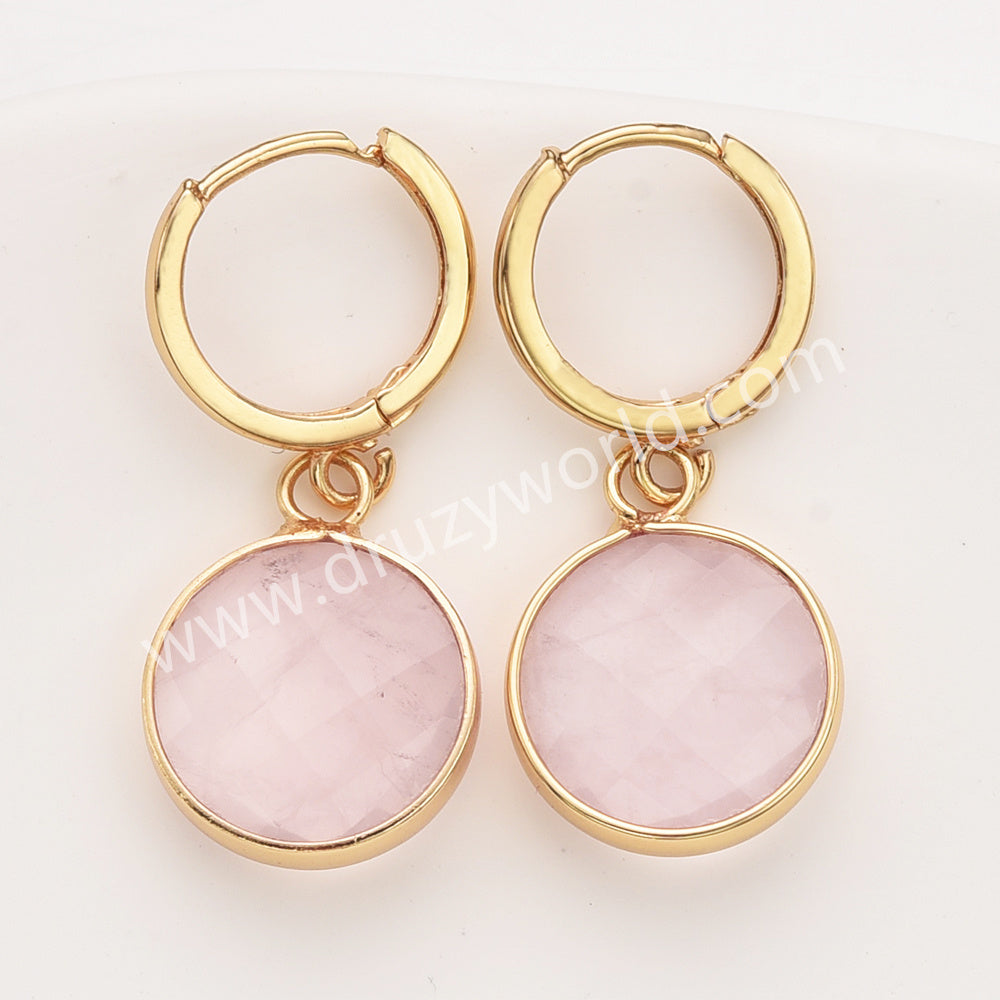 Gold Circle Round Natural Stone Faceted Hoop Earrings, Turquoise Gemstone Jewelry Earring ZG0529-1