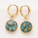 Gold Circle Round Natural Stone Faceted Hoop Earrings, Turquoise Gemstone Jewelry Earring ZG0529-1